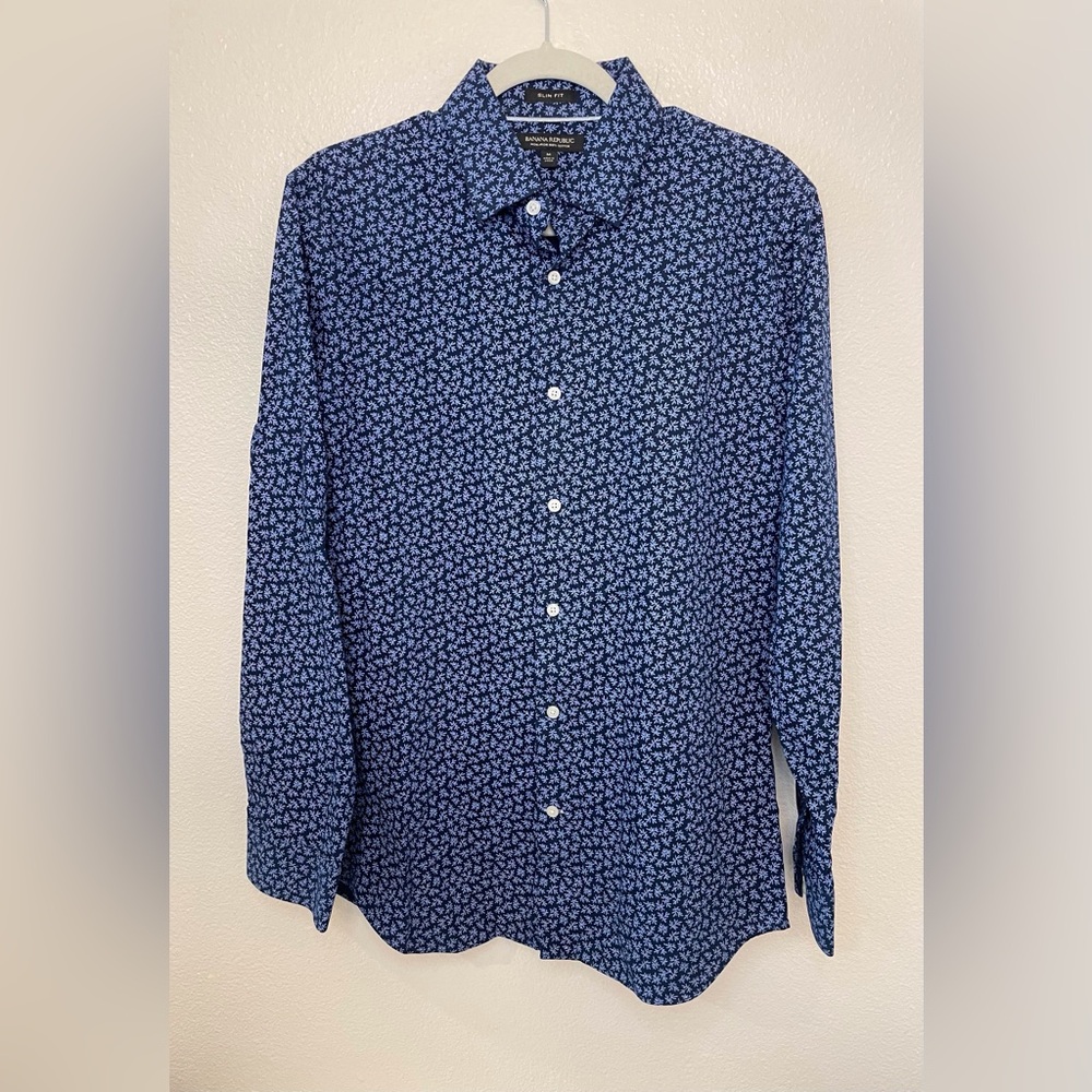 Banana Republic Men’s Slim Fit Navy and White Floral Cotton Shirt Size M